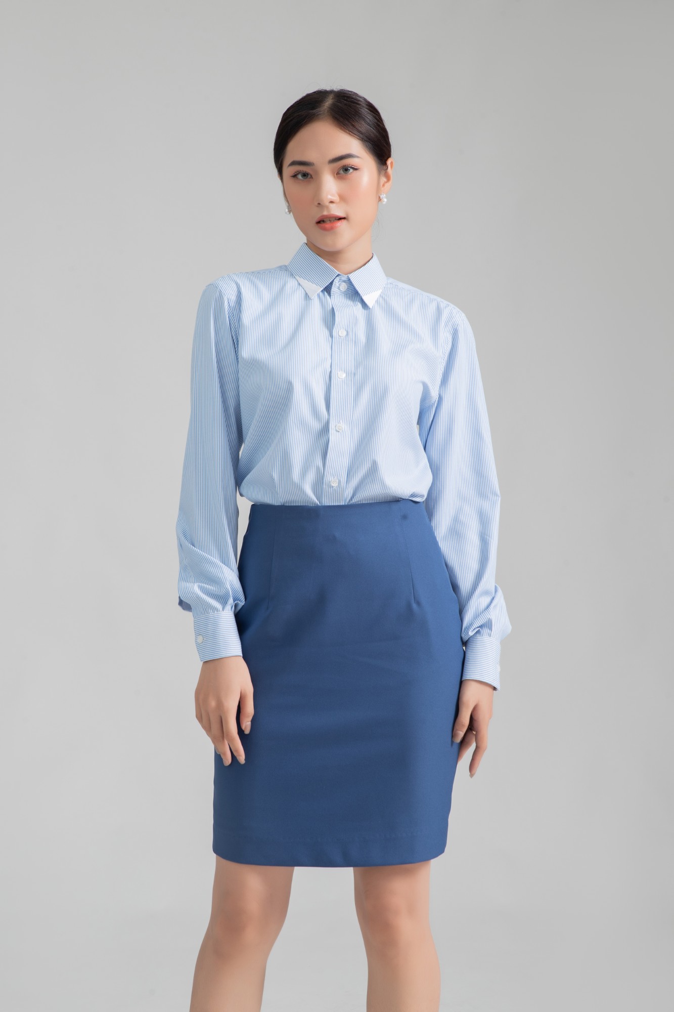 Áo Sơ Mi Nữ Basic vải modal siêu mát - Sọc xanh